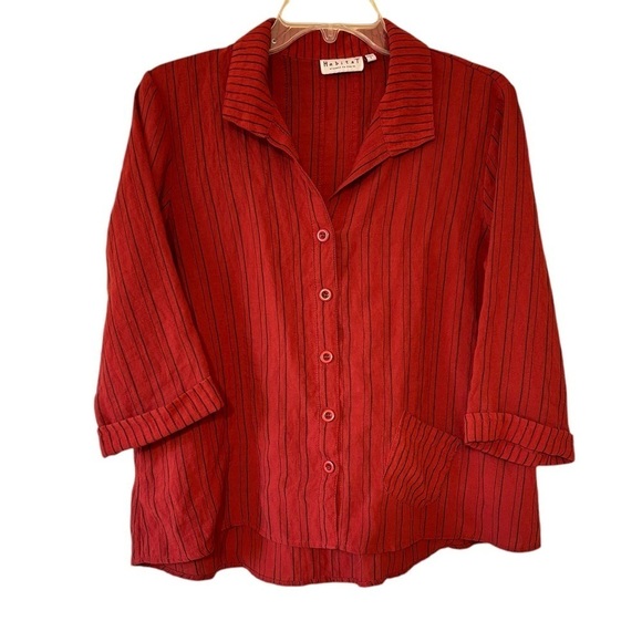 Habitat Tops - Habitat Striped Lagenlook Button Down Blouse Red Rust Sz Small